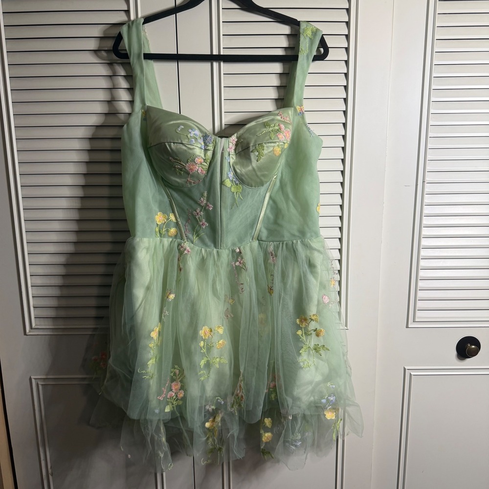 Sage Green Floral Embroidered Tulle Corset Mini Dress Fairycore Homecoming 18